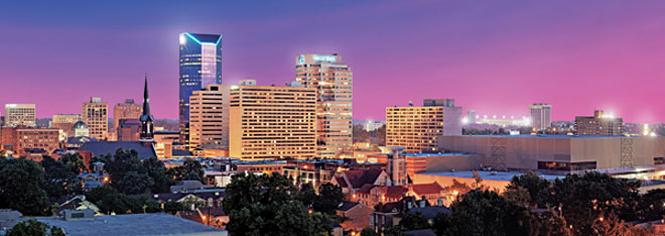 Purplish nighttime photo of Lexington Kentucky skyline w 5/3 building visible