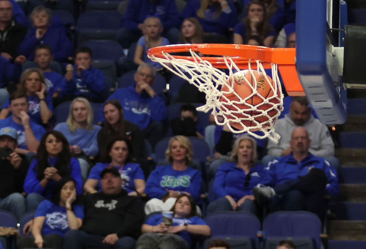 Letcher County Central fans watch as the ball enters the net during the KHSAA Clark’s Pump-N-Shop Girls’ Basketball Sweet 16 tournament as Letcher County Central plays Owensboro Catholic at Rupp Arena on Thursday, March 12, 2026, in Lexington, Ky. Photo by Holly Netzley.