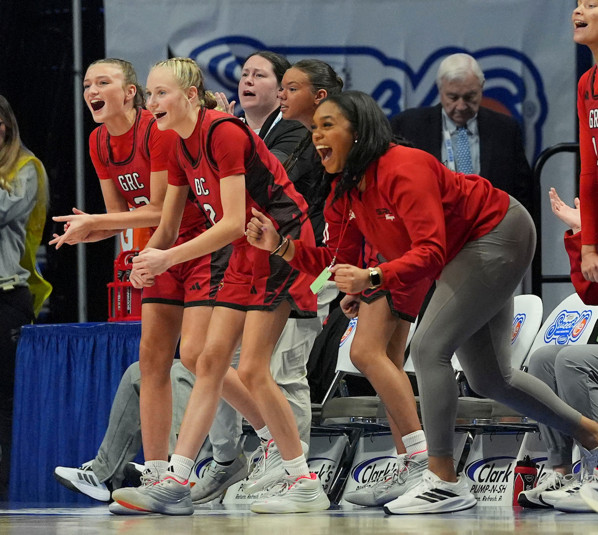 George Rogers Clark bench celebrates a score during the Clark’s Pump-N-Shop Girls’ Basketball Sweet 16 tournament as Franklin-Simpson plays George Rogers Clark at Rupp Arena on Friday, March 13, 2026, in Lexington, Ky. Photo by Xavier Patterson