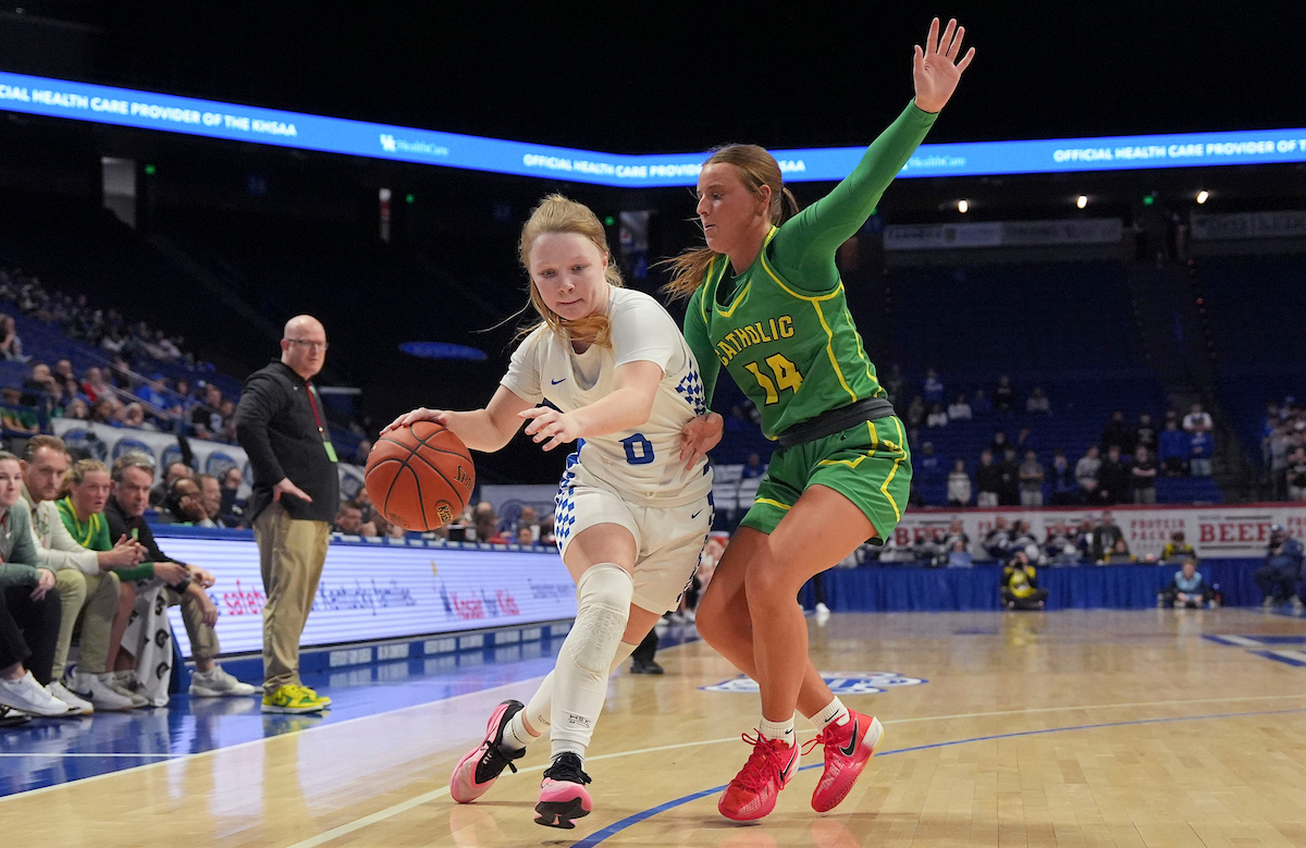 Simon Kenton guard Brynli Pernell dribbles past defender during the Clark’s Pump-N-Shop Girls’ Basketball Sweet 16 tournament as Simon Kenton plays Owensboro Catholic at Rupp Arena on Friday, March 13, 2026, in Lexington, Ky. Photo by Xavier Patterson